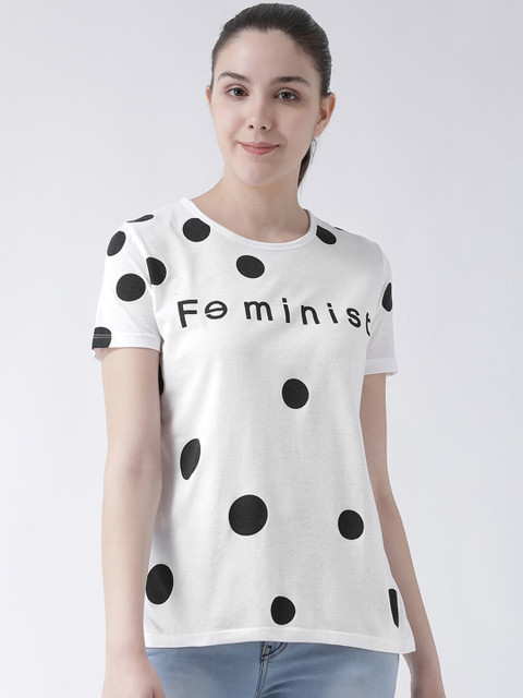 

Club York Women White & Black Printed Round Neck T-shirt