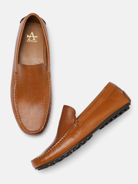 Men Tan Brown Textured Leather Loafers