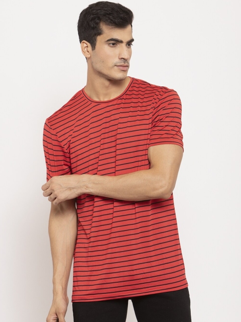 

DOOR74 Men Red Striped Round Neck T-shirt