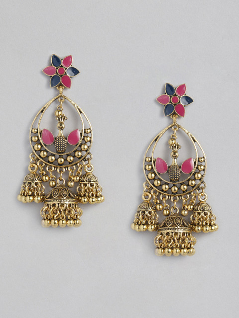 

justpeachy Antique Pink & Blue Gold Plated Enamelled Classic Jhumkas