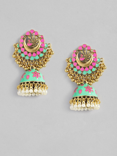 

justpeachy Gold-Plated & Sea Green Meenakari Enamelled Jhumkas