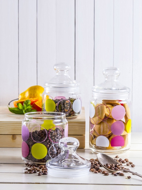 

Luminarc Set Of 3 Transparent Zoom White Pot Club Printed Glass Jars With Lids