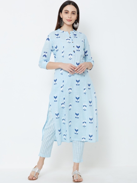 

FASHOR Women Blue & White Printed Kurta with Trousers