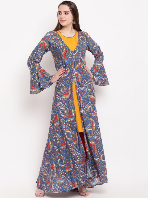 

Vastrachowk Women Blue & Yellow Printed Anarkali Kurta