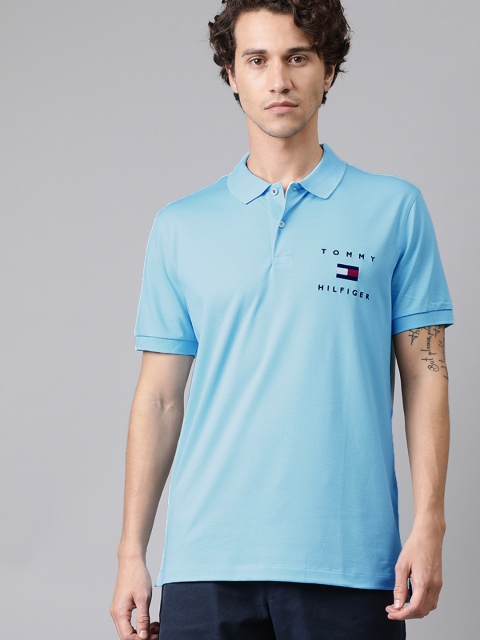 

Tommy Hilfiger Men Blue Solid Polo Collar Pure Cotton T-shirt with Applique