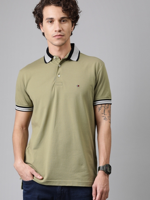 

Tommy Hilfiger Men Olive Green Solid Slim Fit Polo Collar Pure Cotton T-shirt