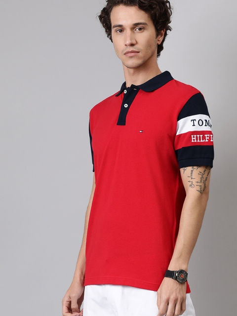 

Tommy Hilfiger Men Red Solid Polo Collar Pure Cotton T-shirt with Printed Detail