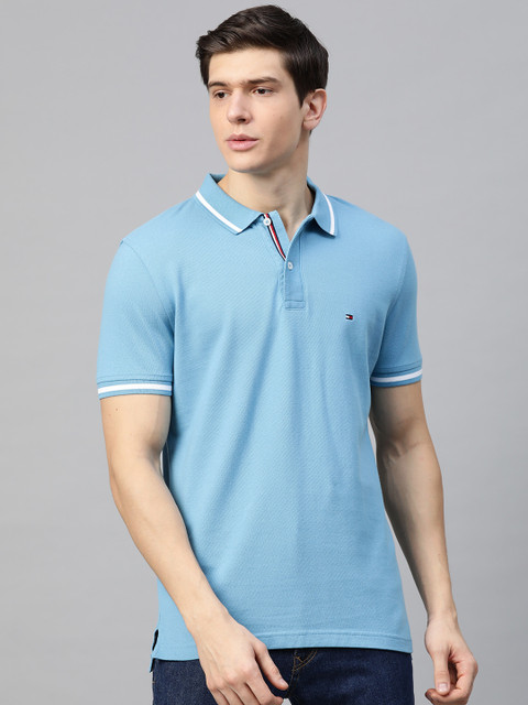 

Tommy Hilfiger Men Blue Solid Polo Collar Pure Cotton T-shirt