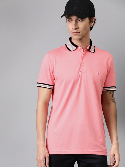 

Tommy Hilfiger Men Pink Solid Contrast Polo Collar Pure Cotton T-shirt