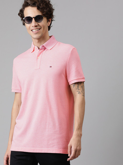 

Tommy Hilfiger Men Pink Solid Polo Collar Pure Cotton T-shirt