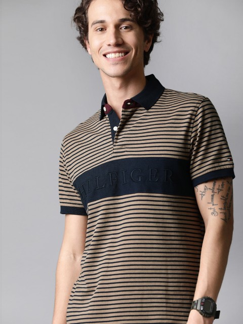 

Tommy Hilfiger Men Beige Navy Blue Striped Slim Fit Polo Collar Pure Cotton T-shirt