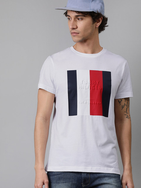 

Tommy Hilfiger Men White Striped Round Neck T-shirt with Printed Detail