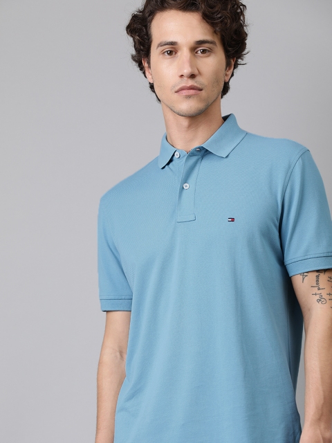 

Tommy Hilfiger Men Blue Solid Polo Collar Pure Cotton T-shirt