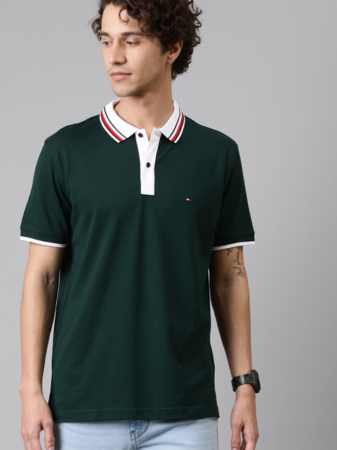 

Tommy Hilfiger Men Green Solid Polo Collar Pure Cotton T-shirt