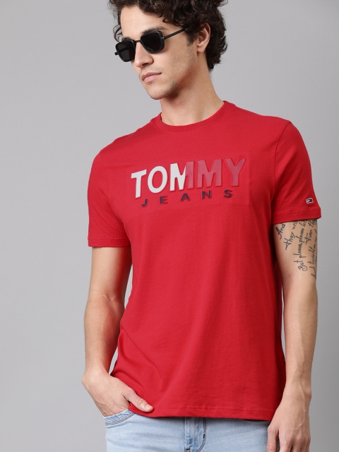 

Tommy Hilfiger Men Red Embossed Printed Slim Fit Round Neck Pure Cotton T-shirt