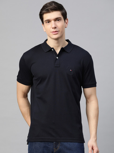 

Tommy Hilfiger Men Navy Blue Solid Polo Collar Pure Cotton T-shirt