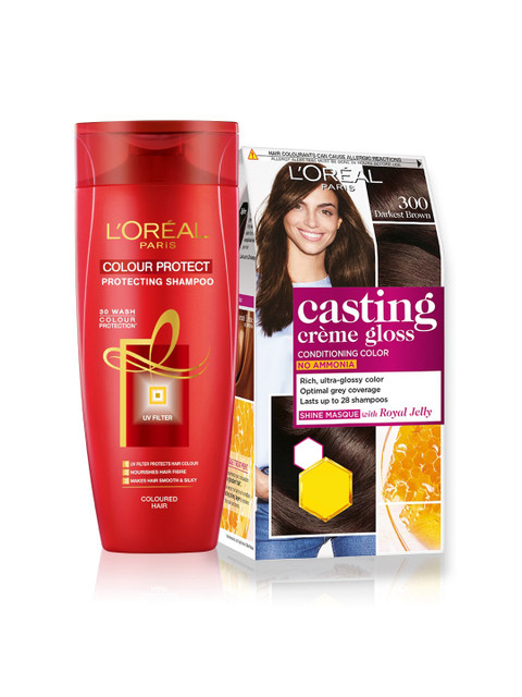 

LOreal Paris Set of Casting Creme Gloss Hair Colour Darkest Brown & Color Protect Shampoo, Red