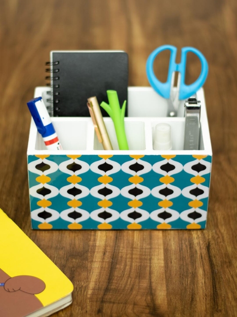 Tistabene Teal Green & White Printed Zukhti Penholder & Cutlery Organizer