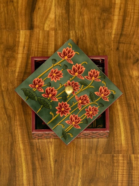 

Tistabene Pink & Green Printed Handcrafted Kamal Talai Lotus Inspired Designer Multi Utility Box