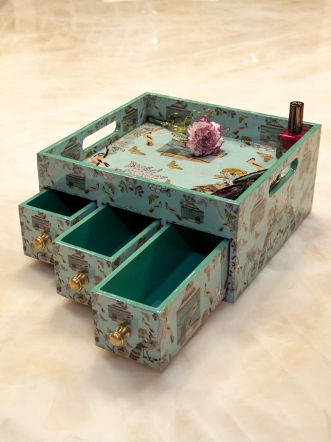 

Tistabene Blue & Green Printed Handcrafted Cela Organizer With Three Drawers