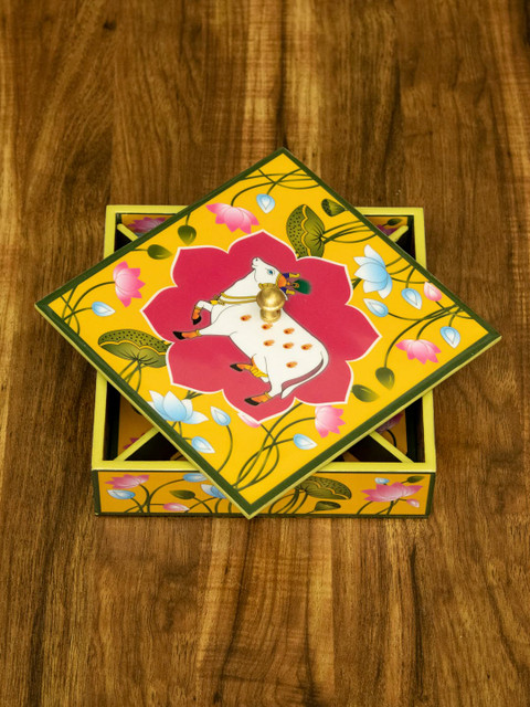 

Tistabene Yellow & Pink Printed Handcrafted Panchranga Designer Multi-Utility Box