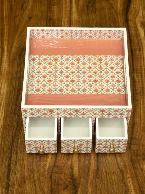 

Tistabene Pink & White Printed Handcrafted Flora Organizer With Three Drawers