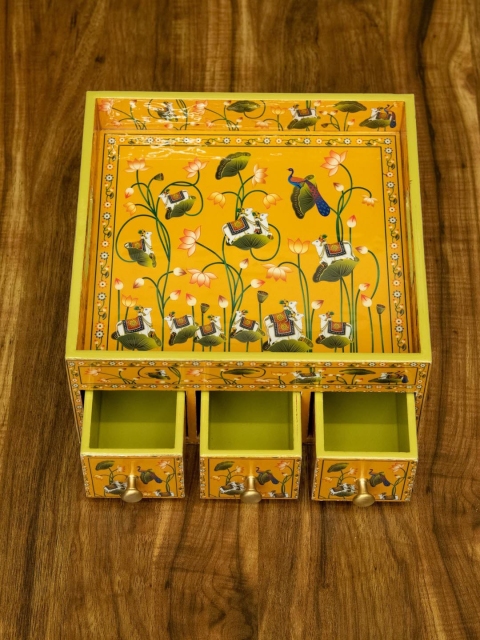 

Tistabene Yellow & Green Printed Handcrafted Mayurdhen Organizer With Three Drawers