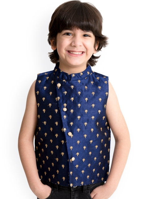 

Lil Peacock Boys Navy Blue & Beige Woven Design Nehru Jacket