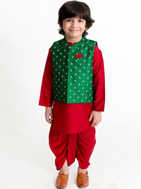

Lil Peacock Boys Red & Green Printed Kurta & Dhoti Pants with Jacket