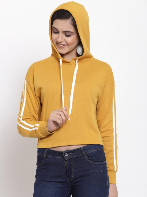 

Global Republic Women Mustard Yellow Solid Hooded Crop Sweatshirt