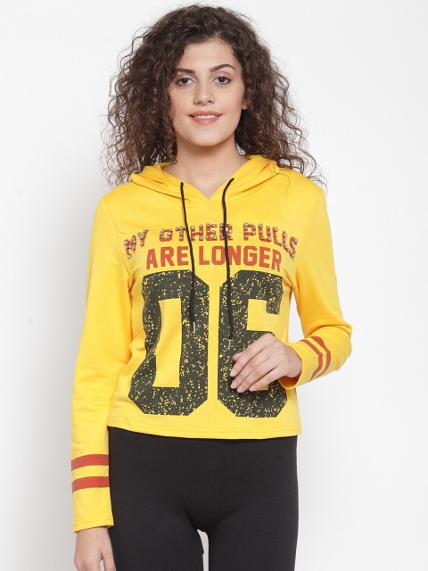 

Global Republic Women Mustard Yellow Printed Hooded Sweatshirt