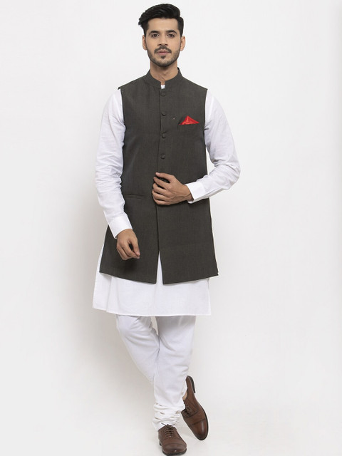 

NEUDIS Men White & Grey Solid Kurta With Churidar & Nehru Jacket