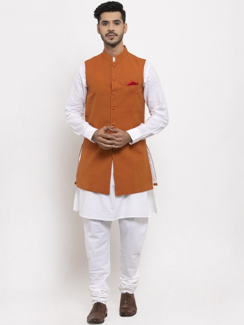 

NEUDIS Men Orange & White Solid Kurta with Pyjamas & Nehru Jacket
