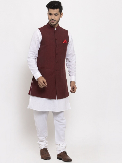

NEUDIS Men White & Maroon Solid Kurta With Churidar & Nehru Jacket