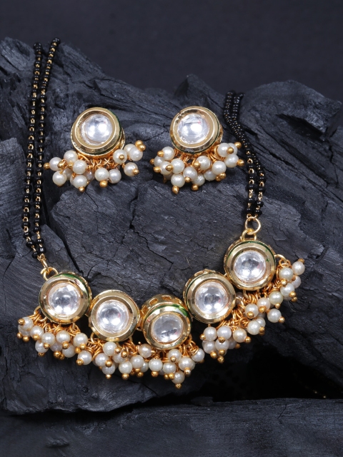 

justpeachy Gold-Plated & Black Kundan Studded Mangalsutra & Earrings Set