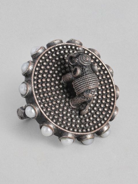 

justpeachy Women Silver-Toned Oxidised Statement Adjustable Finger Ring