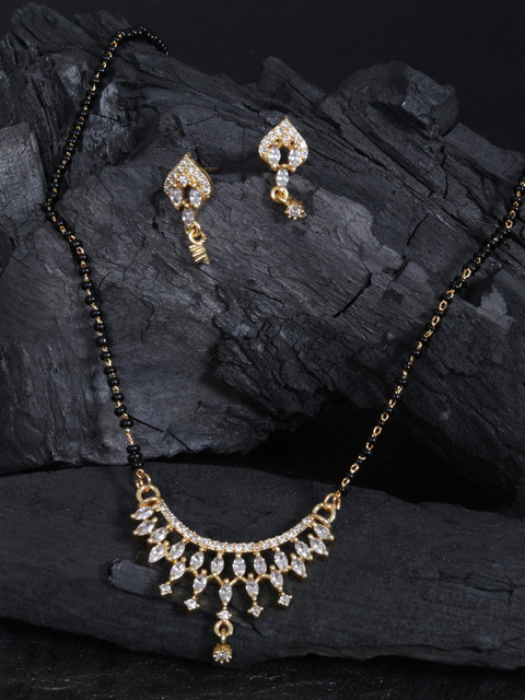 

justpeachy Gold-Plated & Black CZ Stone Studded Mangalsutra & Earrings Set