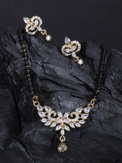 

justpeachy Black And Gold-Plated Cubic Zirconia Studded Mangalsutra & Earrings Set