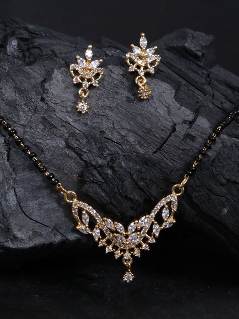 

justpeachy Gold-Plated & Black CZ Stone Studded Mangalsutra & Earrings Set