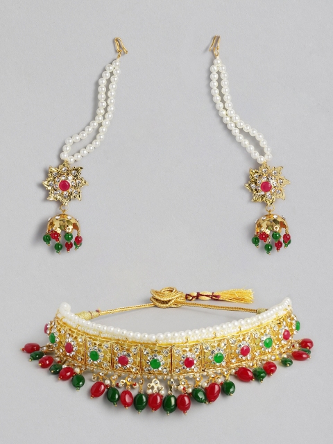 

justpeachy Red & Green & Gold-Toned Stone Studded Jewellery Set