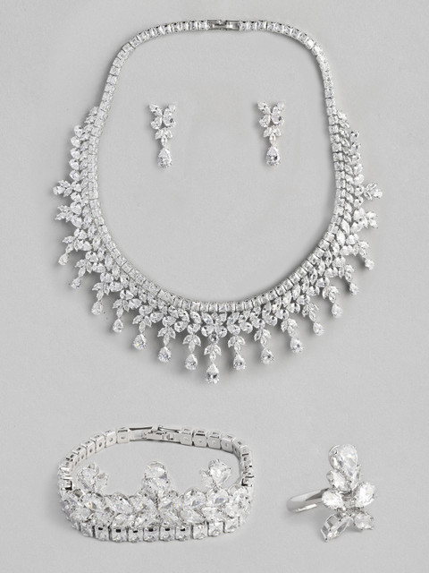 

justpeachy Silver-Plated Cubic Zirconia Stone Studded Jewellery Set