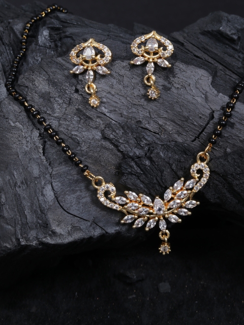 

justpeachy Black And Gold-Plated Cubic Zirconia Studded Mangalsutra & Earrings Set