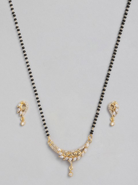 

justpeachy Black And Gold-Plated Cubic Zirconia Studded Mangalsutra & Earrings Set