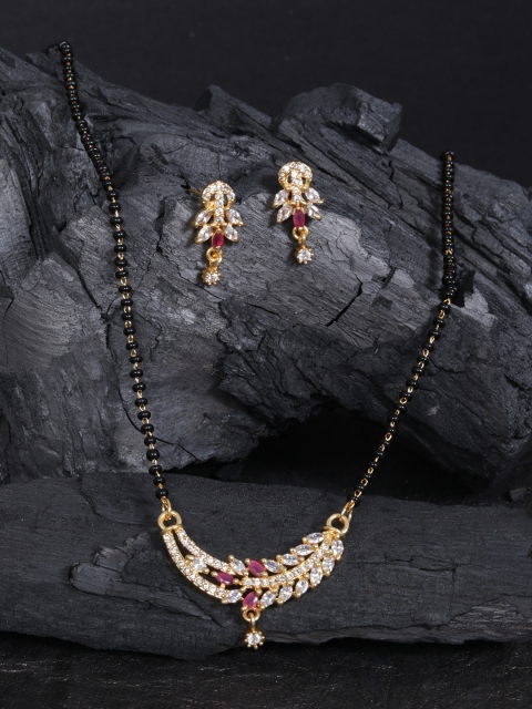 

justpeachy Black And Gold-Plated Cubic Zirconia Studded Mangalsutra & Earrings Set