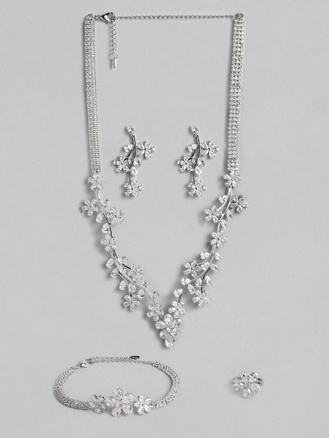 

justpeachy Silver-Plated Cubic Zirconia Stone Studded Jewellery Set