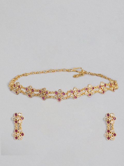 

justpeachy Gold-Toned American Diamond Stone Studded Jewellery Set, Red