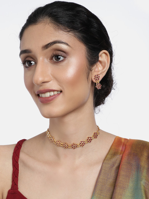 

justpeachy Red Gold-Plated American Diamond Stone Studded Jewellery Set