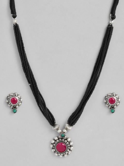 

justpeachy Silver-Plated & Black Multistrand Stones & Beads Studded Jewellery Set