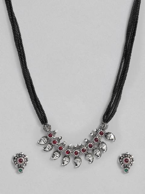 

justpeachy Silver-Plated & Black Multistrand Stones & Beads Studded Jewellery Set