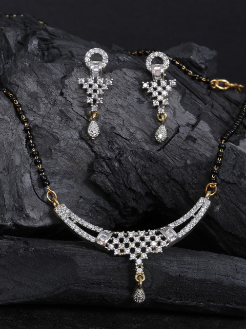 

justpeachy Gold-Plated & Black CZ Stone Studded Mangalsutra & Earrings Set